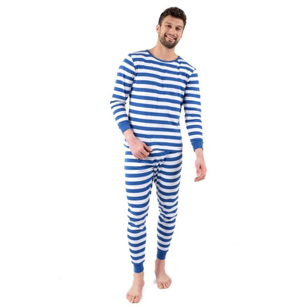 Leveret Mens Two Piece Cotton Pajamas Striped Blue and White XL